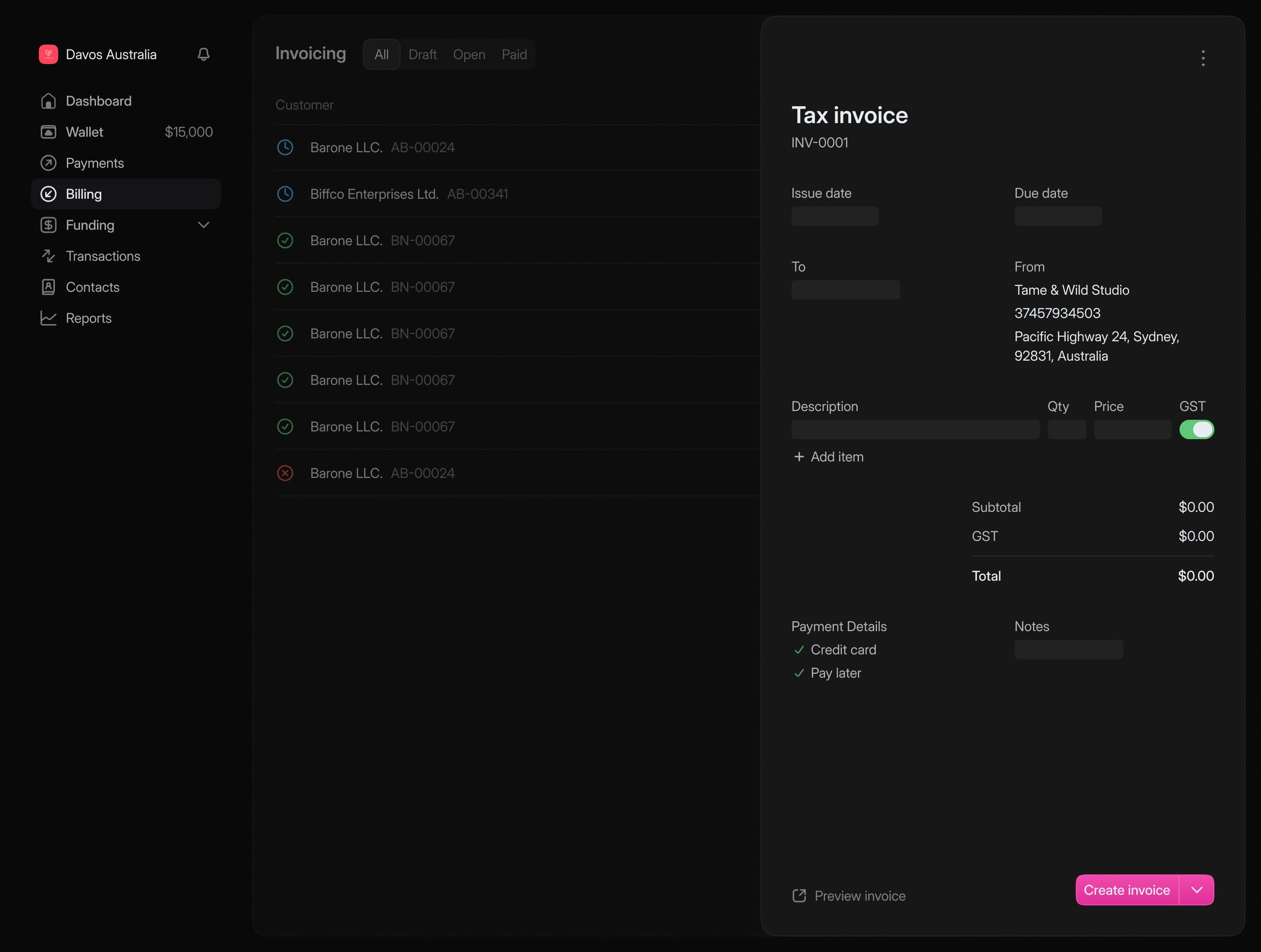 The Cloudfloat Invoicing screen: a list of customer invoices by status, beside a tax invoice being drafted with issue and due dates, line items and GST