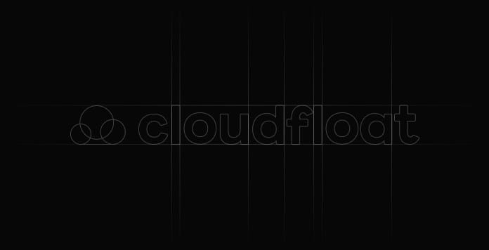 The Cloudfloat wordmark drawn in outline on a dark blueprint grid
