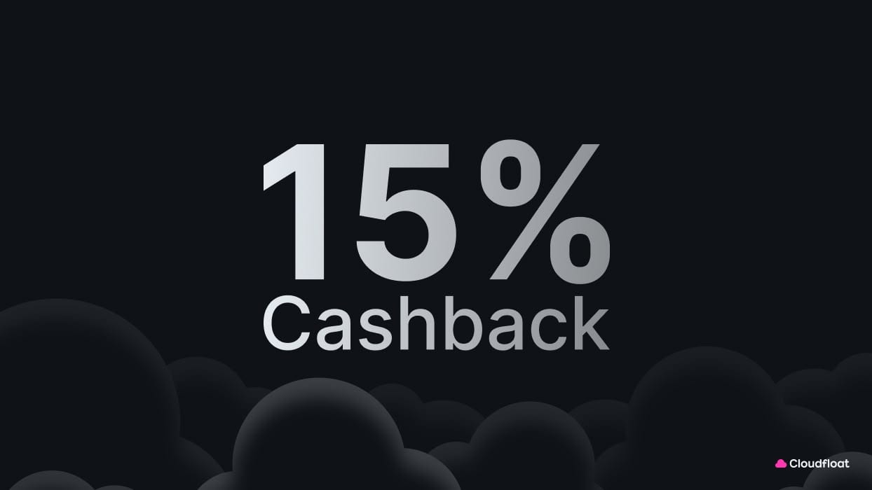 “15% Cashback” in large silver type over a bank of dark clouds