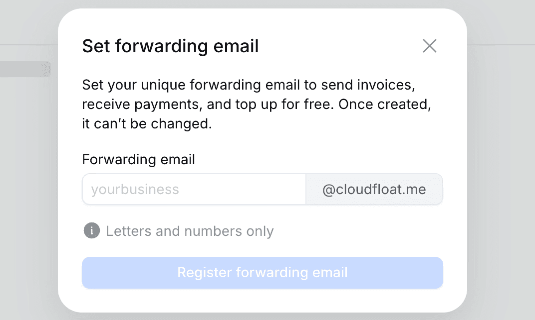 The Set forwarding email dialog, registering yourbusiness@cloudfloat.me
