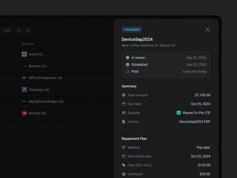 The invoice side panel open over the Pay list, tracking a scheduled payment from In review to Paid above its summary and repayment plan