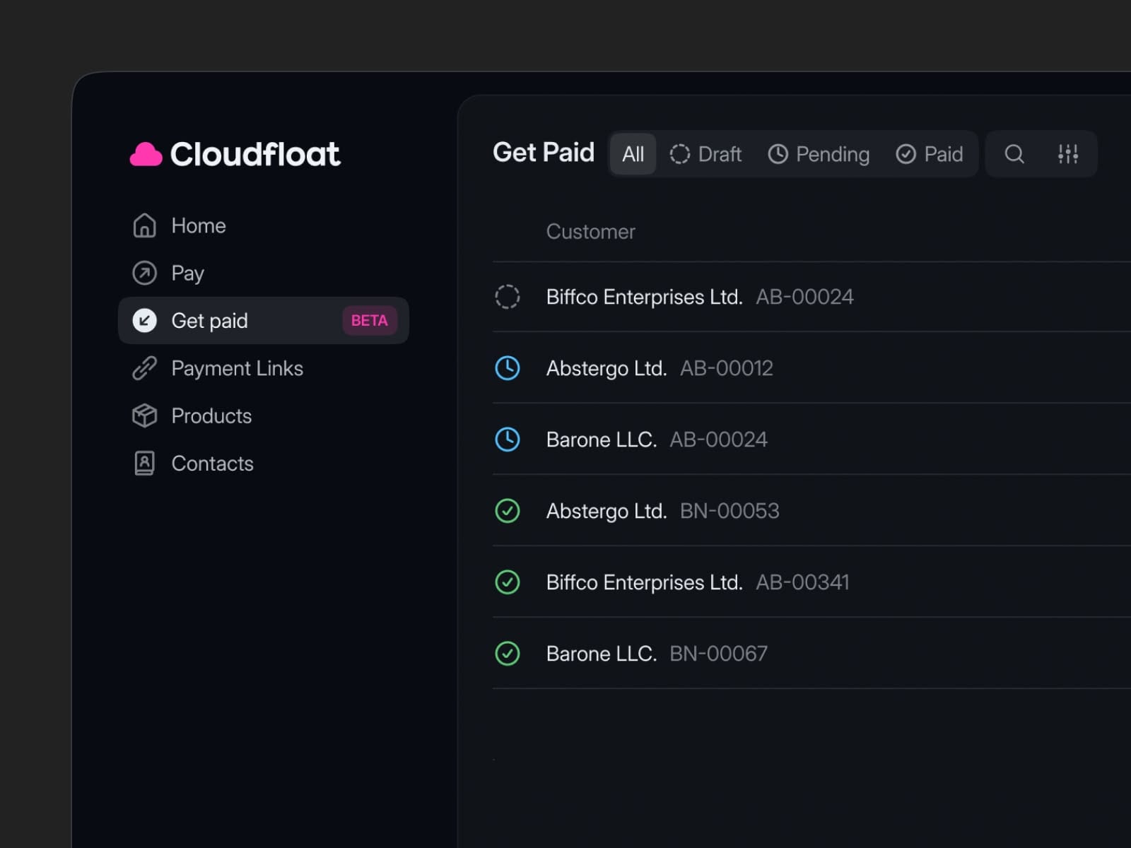 The Get Paid screen listing customer invoices, with All, Draft, Pending and Paid filters across the top