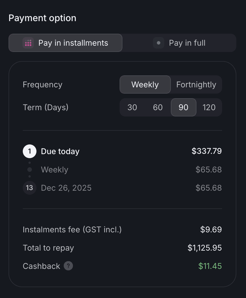The payment options card on a 90-day term: $337.79 due today, weekly instalments of $65.68, and a $9.69 fee per instalment