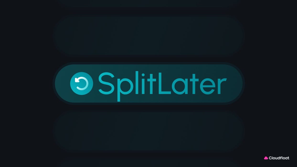 The SplitLater badge — a circular refresh arrow beside the wordmark — picked out in teal on a row of dimmed pills