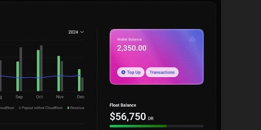 The pink Wallet Balance card with Top up and Transactions buttons, above the float balance and revenue chart