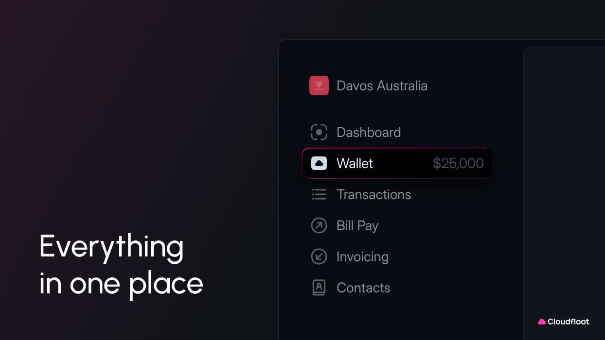 The app sidebar with Wallet selected and showing $25,000, beside the words “Everything in one place”